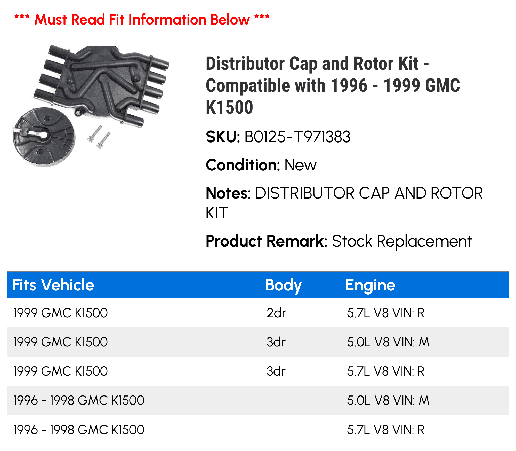 Distributor Cap and Rotor Kit - Compatible with 1996 - 1999 GMC K1500 1997 1998
