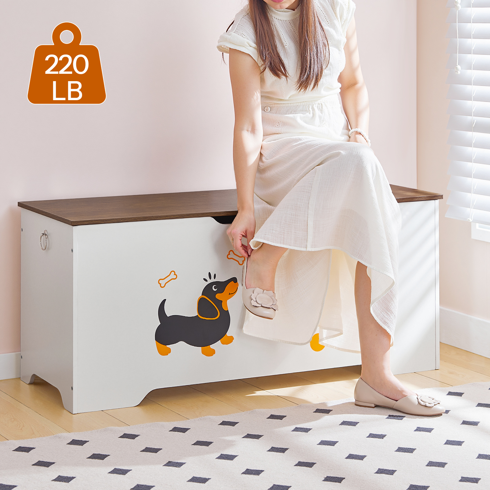 HOOBRO Toy Box Organizer Puppy Pattern Storage Bench with Storage Chest, White, 220 lb Limit