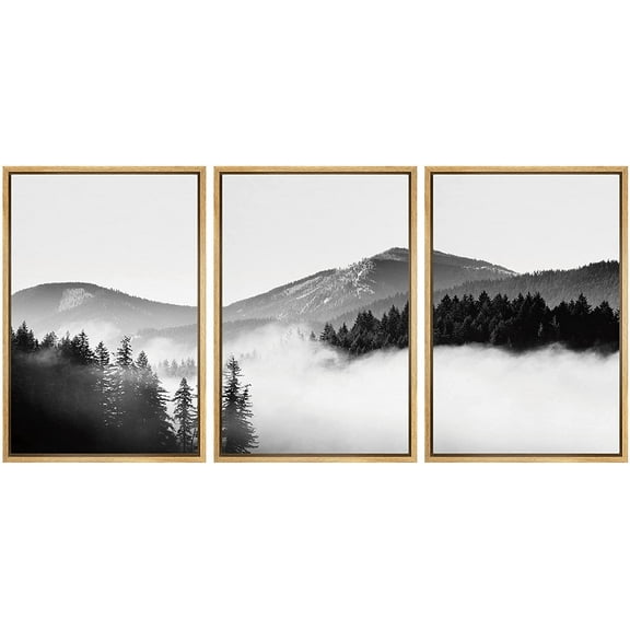IDEA4WALL Framed Canvas Wall Art Foggy Forest and Mountains Landscape Wilderness Photography Abstract Modern Aerial Relax/Calm Black and White for Living Room, Bedroom, Office
