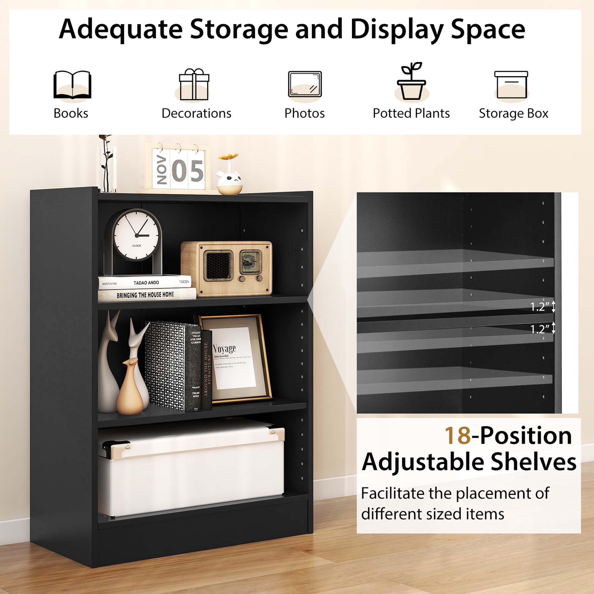 Costway 3-Tier Bookcase Open Multipurpose Display Rack Cabinet with Adjustable Shelves Black