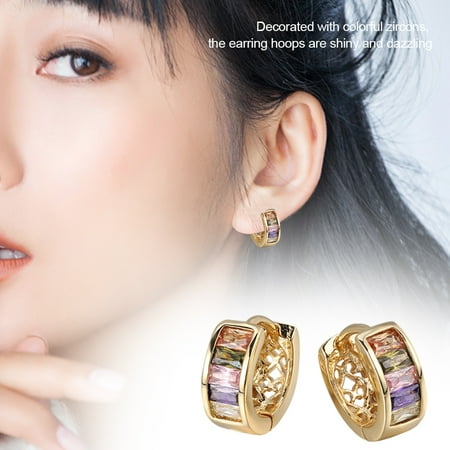 Round Loop Earrings - Women Lady Copper Plating Layer Colorful Zircon Decoration Round Earring Hoops Loops , Hoop Earrings, Loop earrings