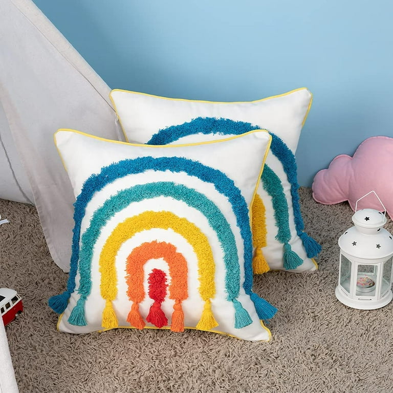 Rainbow Lumbar Small Decorative Kid Pillowcase Set Of 2 Boho Colorful Tufted Pillow Cover For Playroom Nursery Couch Sofa Bedroom Girl Room Fun Cute Rainbow Shape Children Pillow Case 12X20 Inch