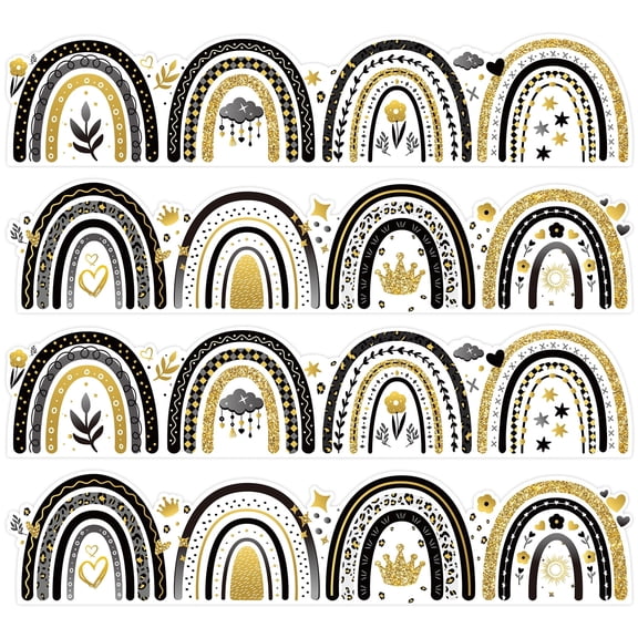 Belanttega Boho Black Gold Rainbow Bulletin Board Border Trim - 72Pcs Decorative Wall Borders for Classroom, Whiteboard, Door & Party Decor