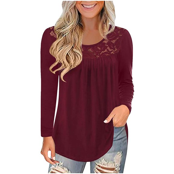 Babysbule Women's Tops Women's Summer Fashion Long Sleeve O-Neck Solid Lace Splicing Tops