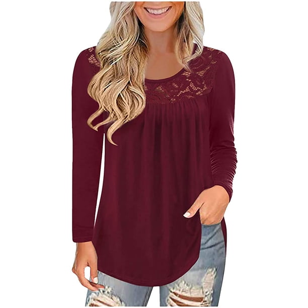 Tops de empalme de encaje sólido con cuello redondo y manga larga a la moda de verano para mujer Fridja hj2696