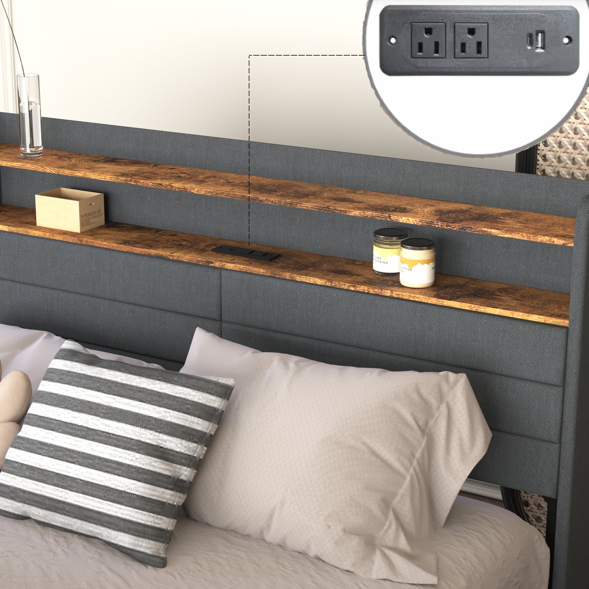 Miniyam Queen Size Bed with LED Headboard, Storage Drawers, USB Charging Ports for Adults