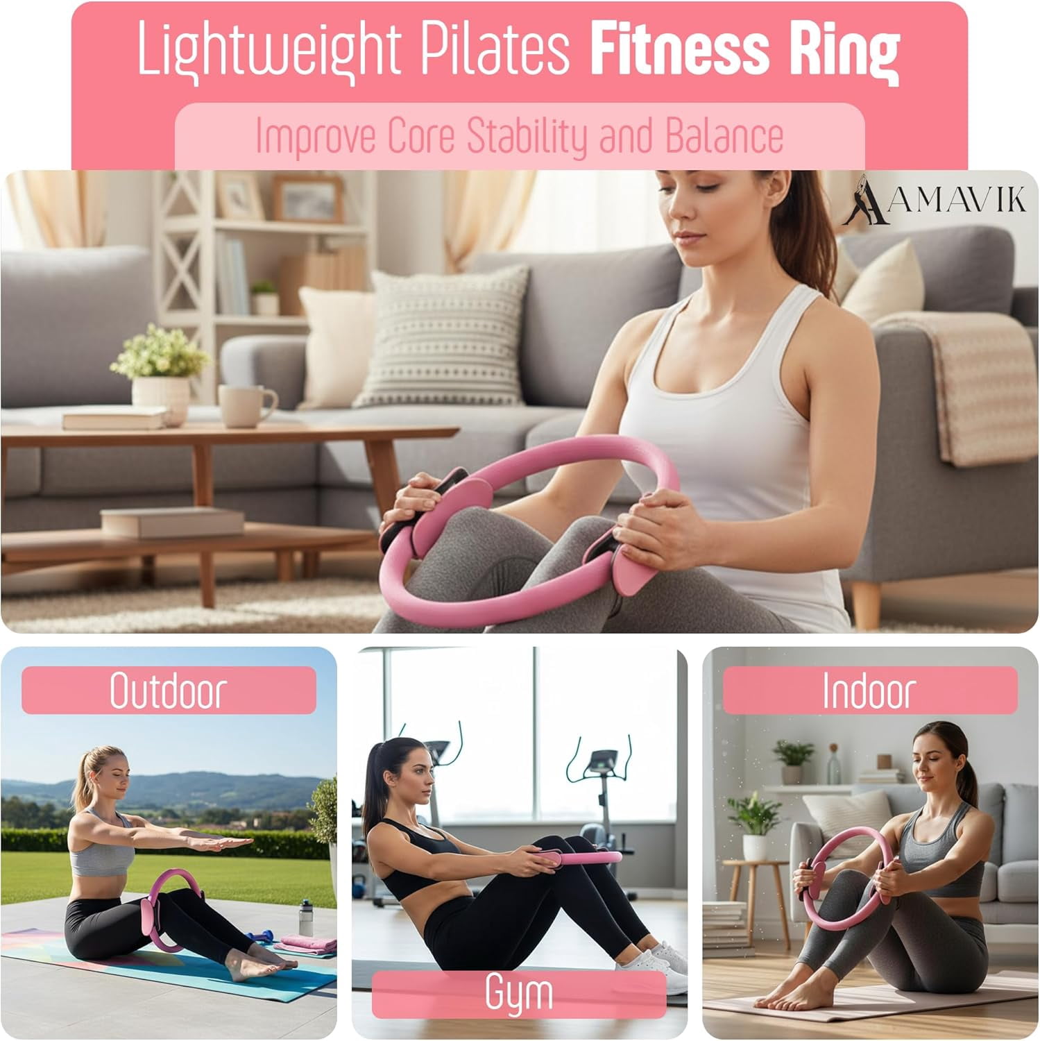 AMAVIK Pilates Kit 15-Piece Home Workout Set with 5 Resistance Bands, Pilates Ring and Ball Set with Accessories-A Complete Pilates Set for Women to Improve Strength Flexibility and Balance Body Pink