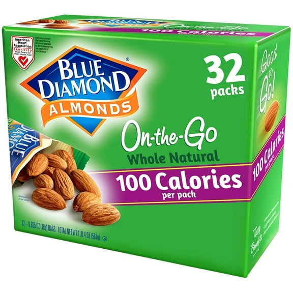 Blue Diamond Almonds Whole GGA1 Natural Raw Snack Nuts, 100 Calorie Travel Bags, 32 count