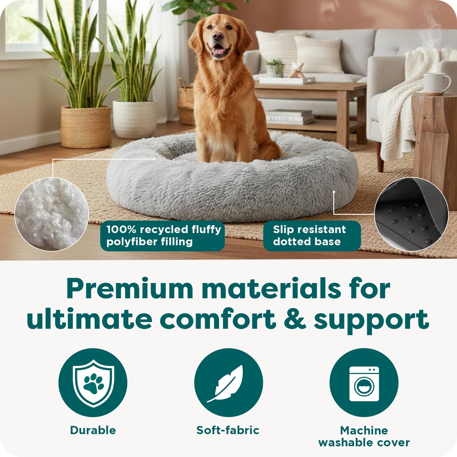 FurHaven 45" Calming Donut Dog Bed for Large Dogs, Round Plush Donut with Soft Filling for Snuggling Comfort, Removable Washable Cover, Jumbo XL, Shaggy Faux Fur, Mist Gray