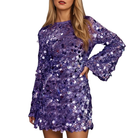 DHFJKG Women's Sparkly Sequins Dress Long Flared Sleeve Round Neck Mini Dress Carnival Party Night Out Clubwear Versatile Dresses