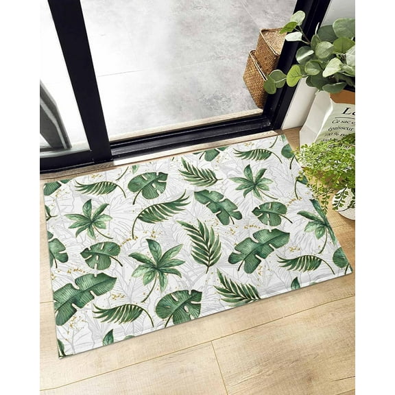 Shag Bath Rugs Green Monstera Palm Leaves Seamless Plush Soft Fluffy Doormat Floor Carpet,Non-Slip Living Room Bedroom Kitchen Entryway Door Mats Summer Tropical Plant