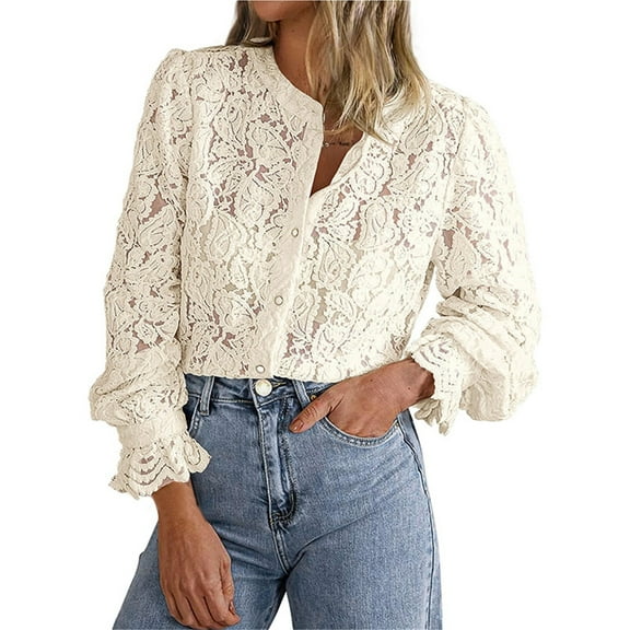 Seductiva Button Shirts for Women Women's Casual Lace Blouse Long Sleeve Button Up Shirts Tops Fall Fashion Clothes Business Casual Work Tops Women Shirts Summer
