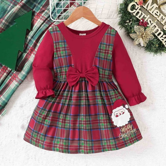 NAISIBABY Girls Red Plaid Dress, Ruffled Long Sleeve Cotton Casual Holiday Princess Dress Red 18-24Months