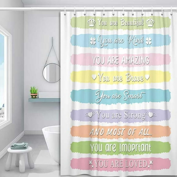 Inspirational Quotes Kids Shower Curtain, Funny Colorful Motivational Positive Teens Boys Girls Curtain Decor for Bathroom, Childrens Shower Curtain Set with 12Hooks, 72X72in