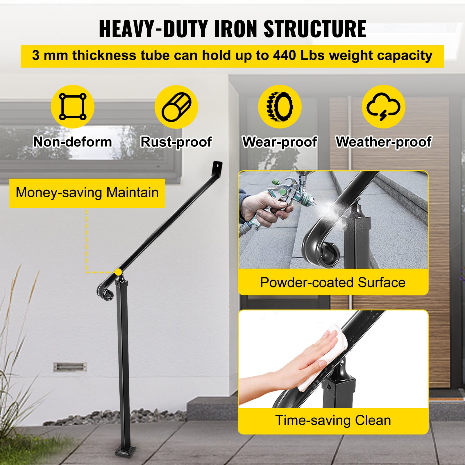 BENTISM 2 Step Handrail Iron Railings for Outdoor Steps 40 MM Pipe Iron Handrail Stair Railings for Steps Black Iron Railings for Steps Wrought Iron Handrail Step Railing Handrails