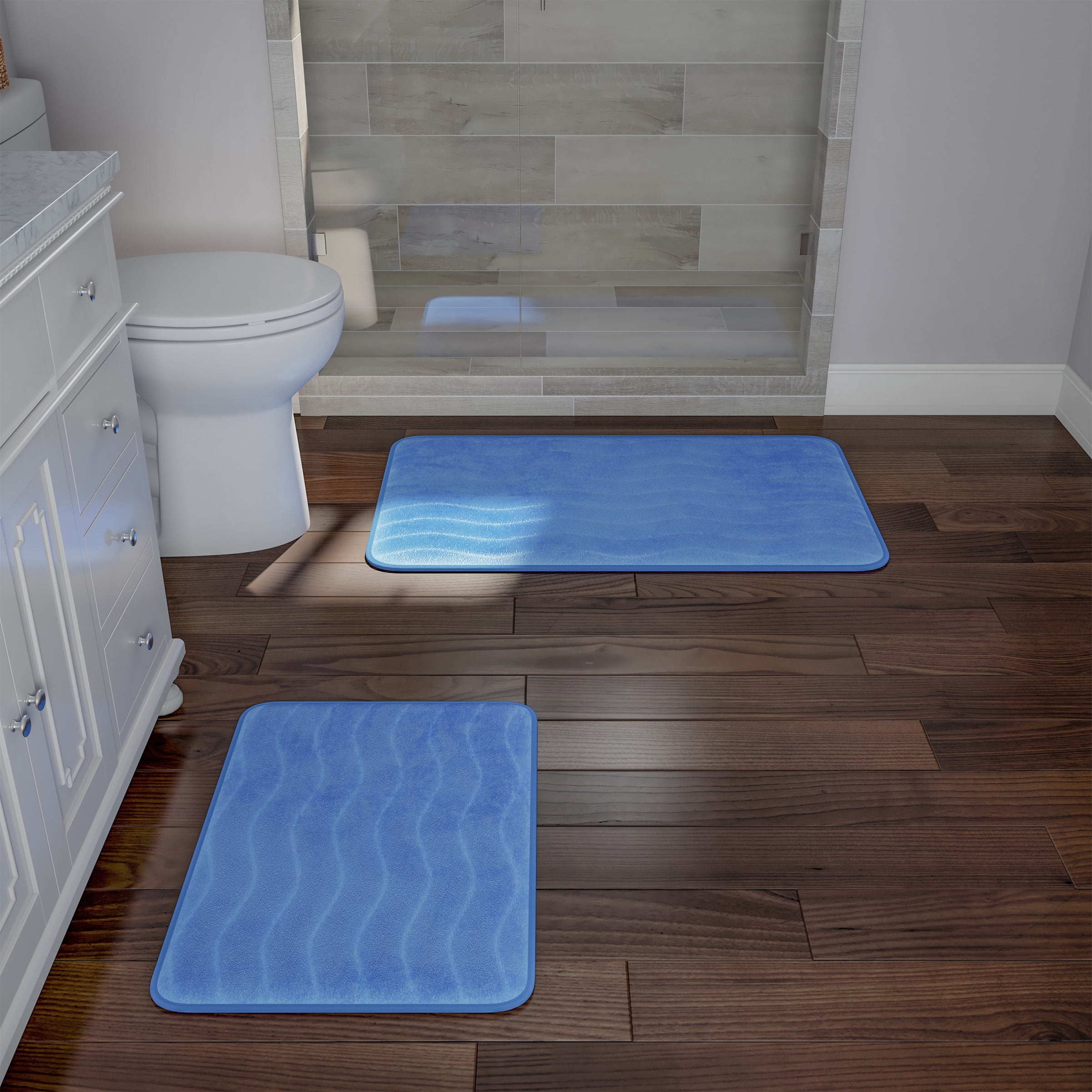 Bathroom Rug Set- 2-Piece Memory Foam Bath Mats- Wavy Microfiber Top-Non-Slip Absorbent Runner for Shower, Tub, Sink, or Kitchen by Somerset Home (Blue)