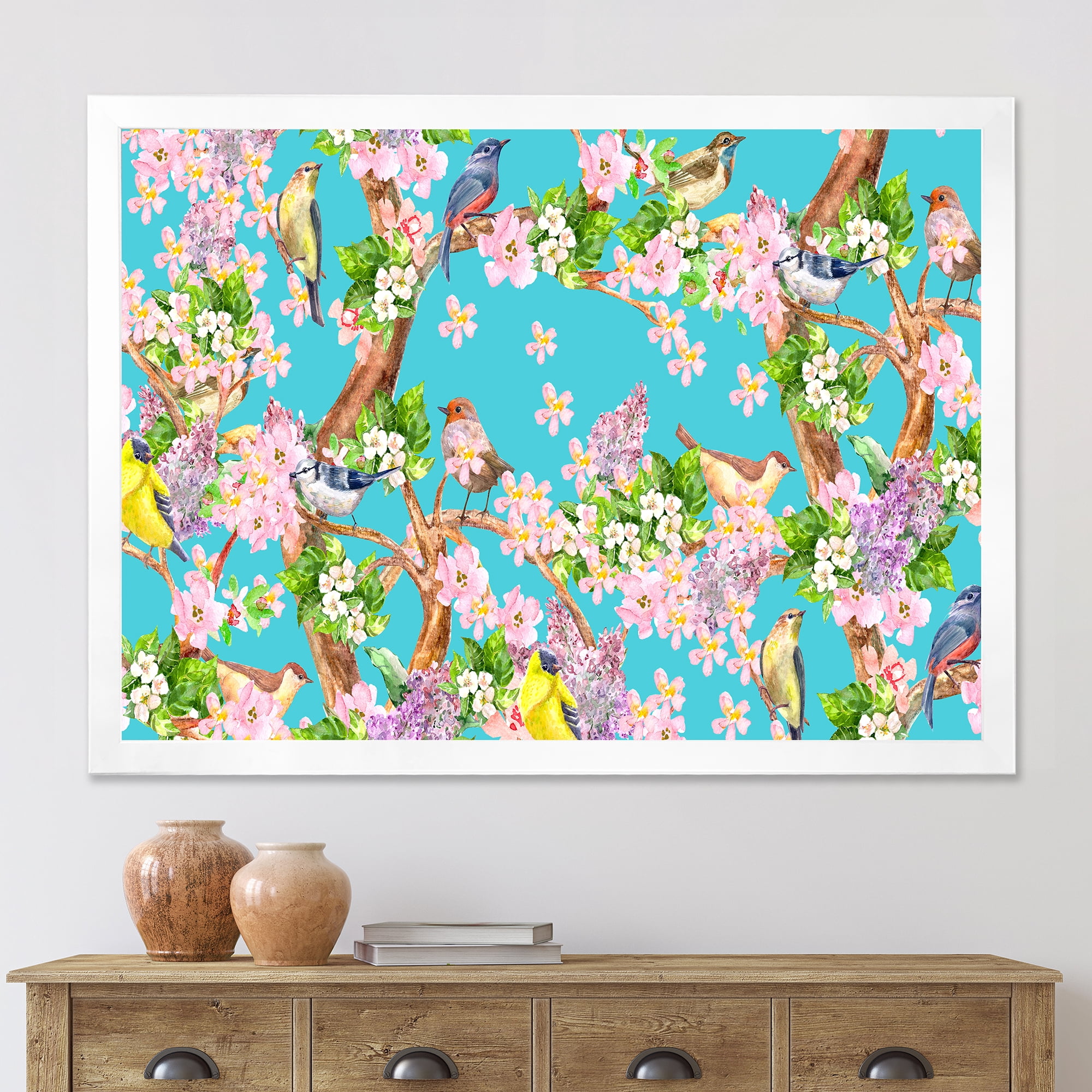 Little Birds Sitting On Spring Flow Tree 20 in x 12 in Framed Painting Canvas Art Print, by Designart
