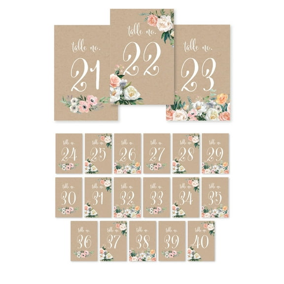Peach Coral Kraft Brown Rustic Floral Garden Party Wedding, Table Numbers 21 - 40, Single-Sided, 4 x 6-inch