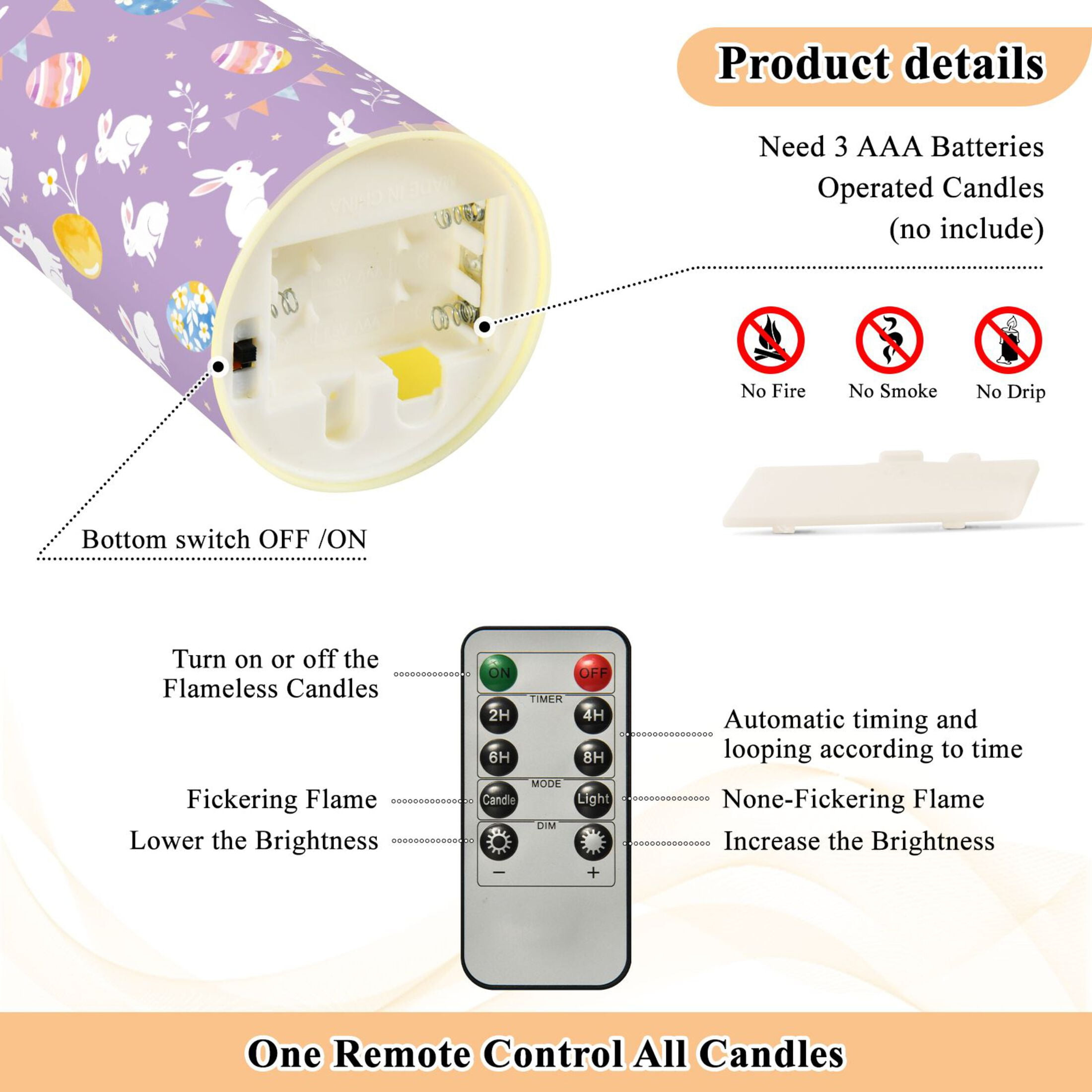 White Rabbit Colorful Easter Egg Pattern Flameless Candles 2 PCS with Remote Realistic Moving Flame LED Tapered Pillar Set for Home Decor