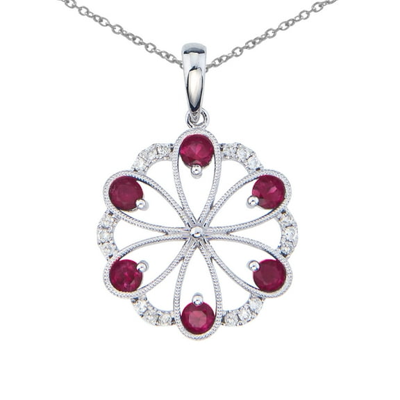 14k White Gold Ruby and Diamond Flower Pendant with 18" Chain