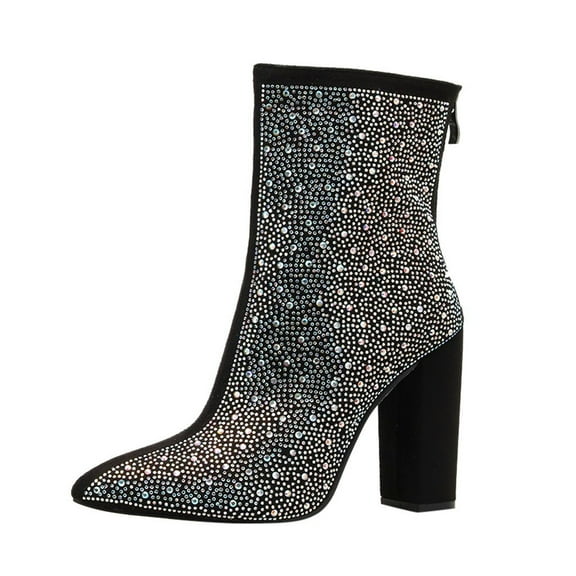 KBKYBUYZ Women's Hot Full Rhinestone Back Zipper Thick High Heeled Mid Tube Short Boots Comfortable Elegant Shoes