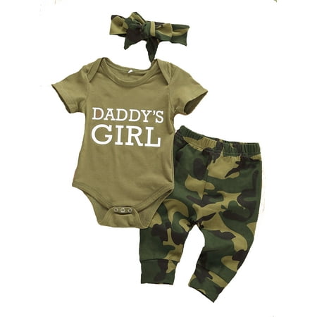 

Brilliantme Toddler Baby Boy Girl Outfits Camouflage Letter Print Romper Long Pants Hat Clothes Set Daddy s Girls 3-6 Months