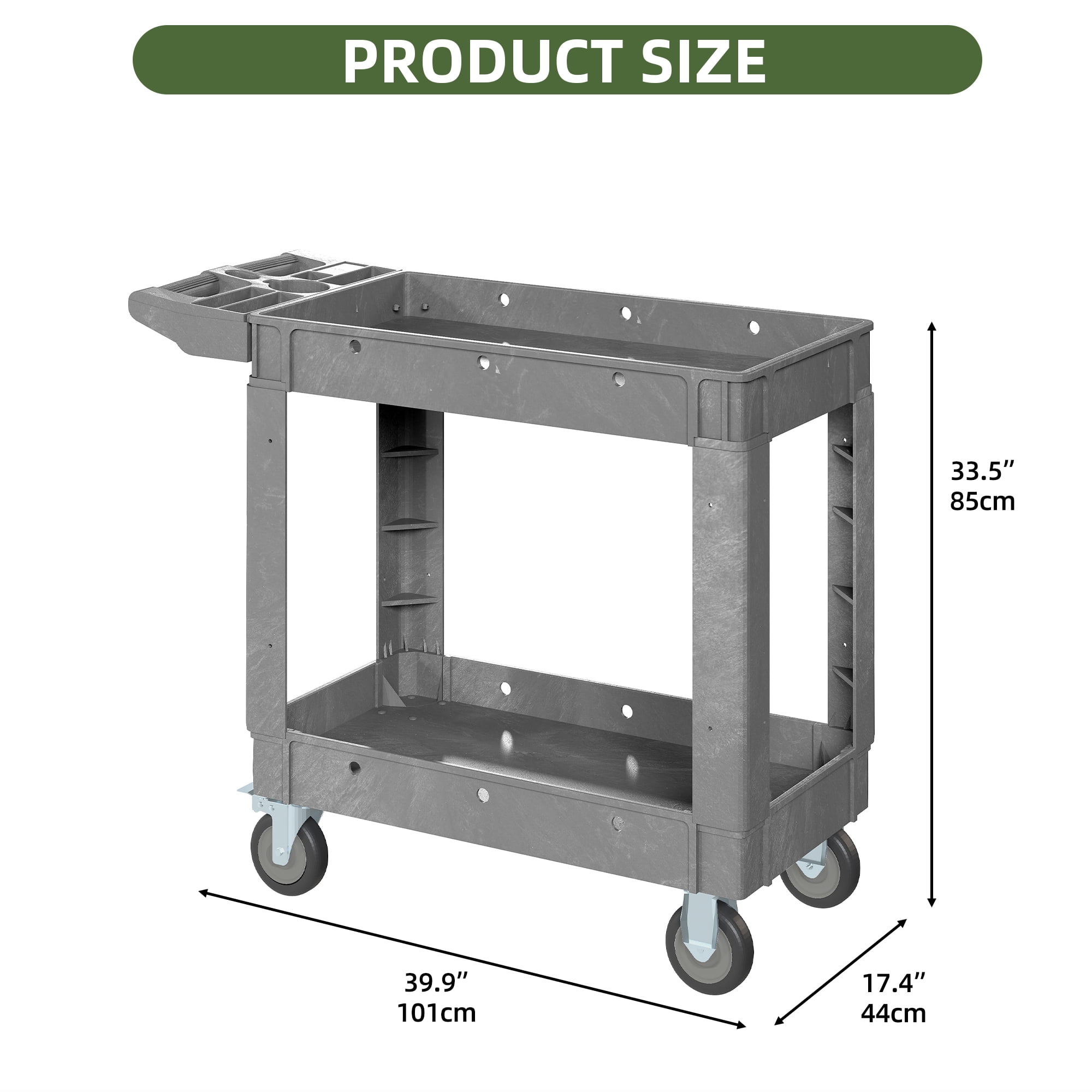 Uforic Heavy-Duty Plastic Utility Cart - 550lbs Capacity, 2-Tier Rolling Storage Organizer with Deep Shelves for Warehouse and Garage, Gray