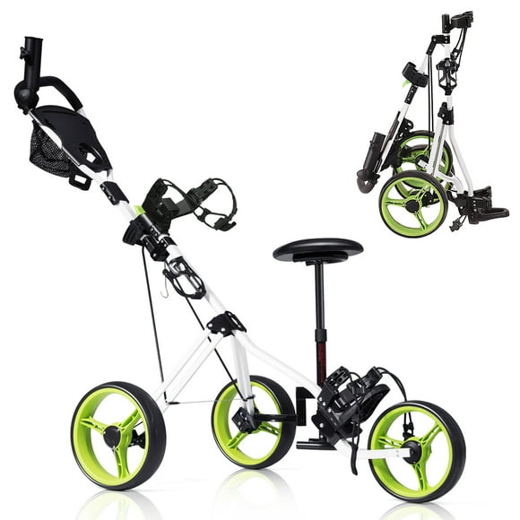 Costway Foldable 3 Wheel Push Pull Golf Club Cart Trolley w/ Seat Scoreboard Bag Swivel