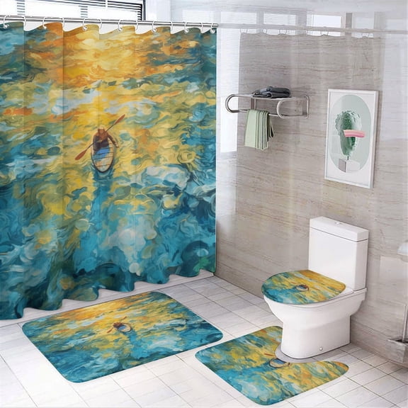 Colorful Kayaks Glide Across The Lake 4 Piece Shower Curtain Sets, Non-Slip Rugs, Toilet Lid Cover And Bath Mat, for Bathroom Decor Set, 72" X 72"
