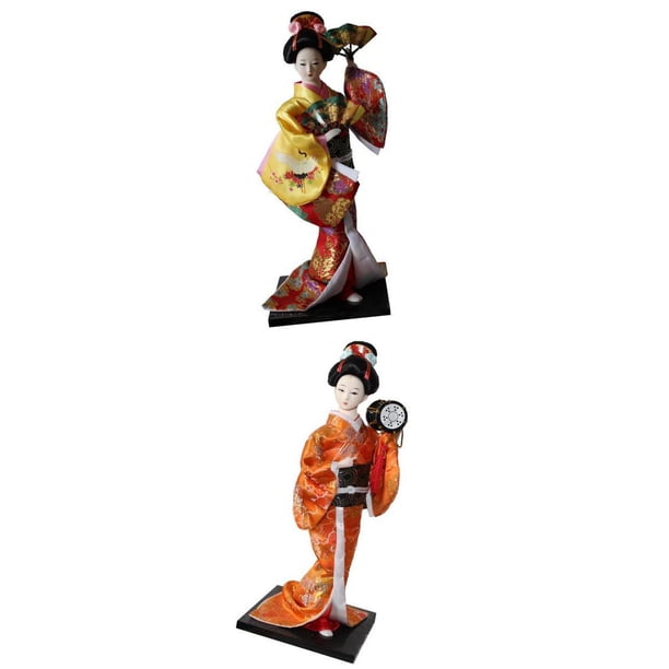 2 Piezas Vintage Japonés Kimono Geisha Muñeca Estatuas Amarillo / Naranja