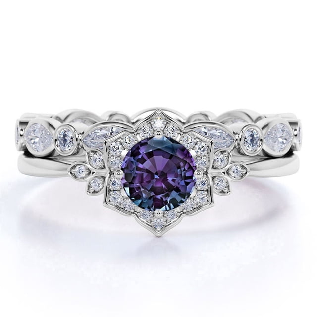JeenMata Juego de Anillos de Boda de Primavera con Alejandrita y Moissanita de Corte Redondo de 1,5 Quilates Creados en Laboratorio Banda de Eternidad: Oro Blanco de 18 K sobre Plata