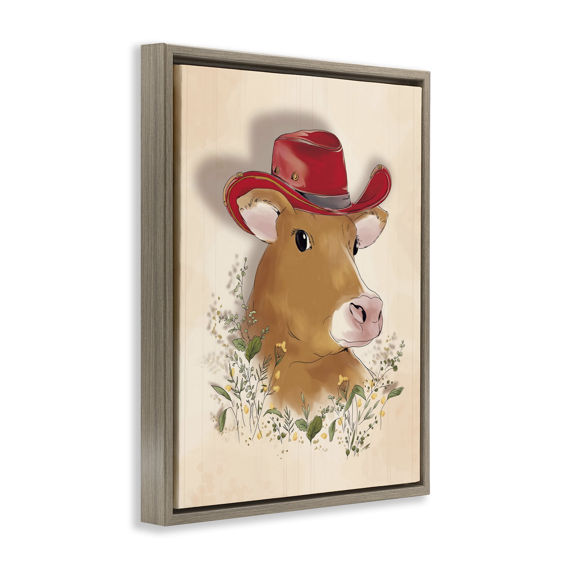 Stupell Industries Cow with Red Cowboy Hat Animals Painting Brown Floater Framed Canvas Art Print Wall Art, 17 x 21