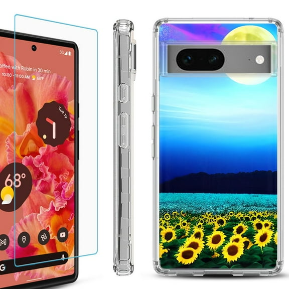 OneToughShield ® for Google Pixel 7a Shockproof Bumper Phone Case, with Tempered Glass Screen Protector - Sunflower Moon