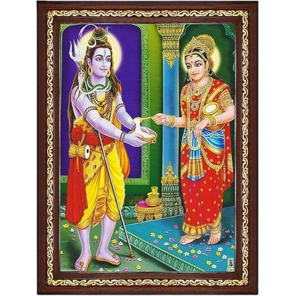 FASHCRAFTS 10 x 12 Inch Goddess Annapurna Devi Annapoorani Shiva Wall Painting Framed for Home Decor