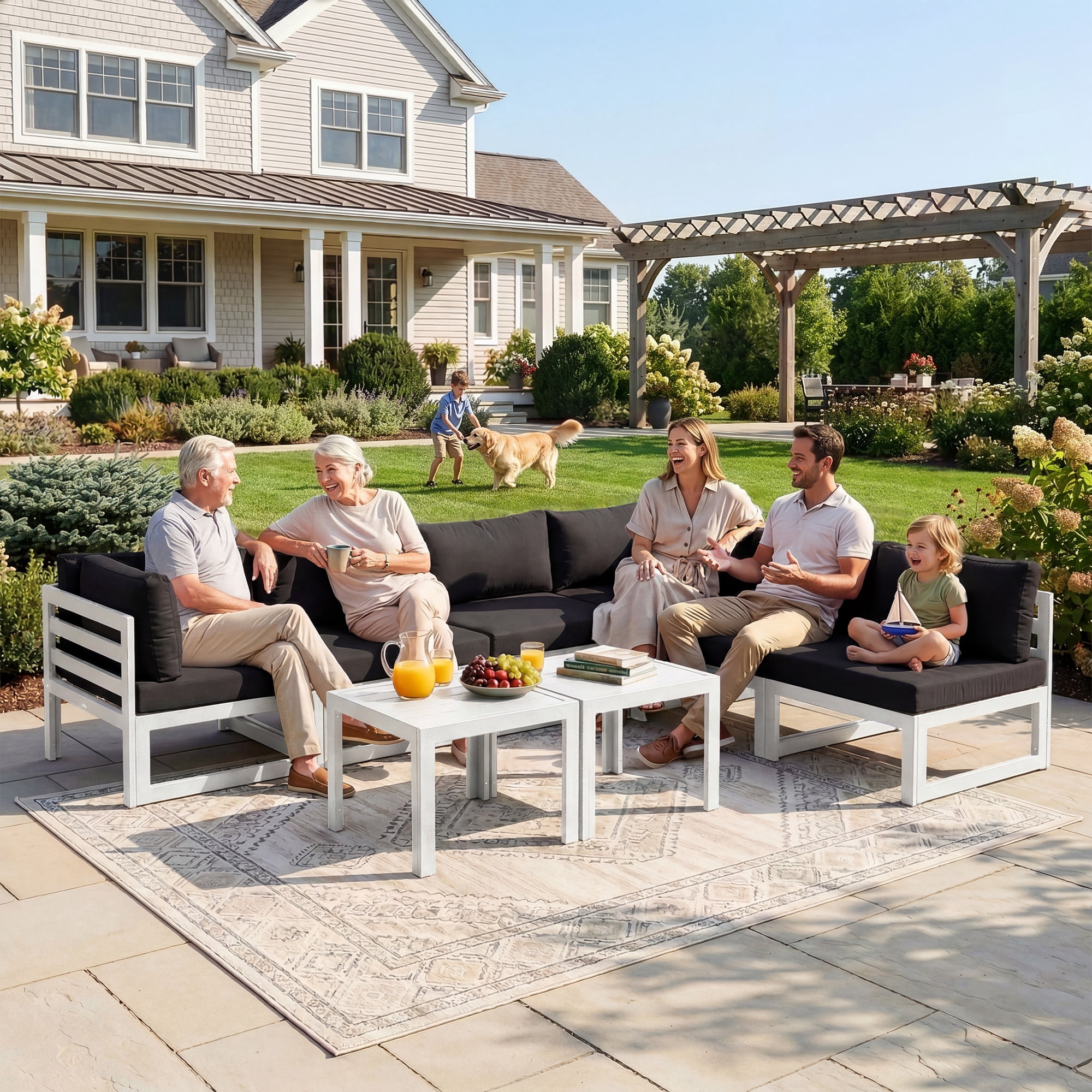 RADIATA Patio Aluminum Furniture Set with Oversized 29" Seats&Coffee Table, 8 Pieces Large Outdoor Modern Sectional Conversation Sofa Set with 4" Cushions for Backyard, Poolside, White&Black