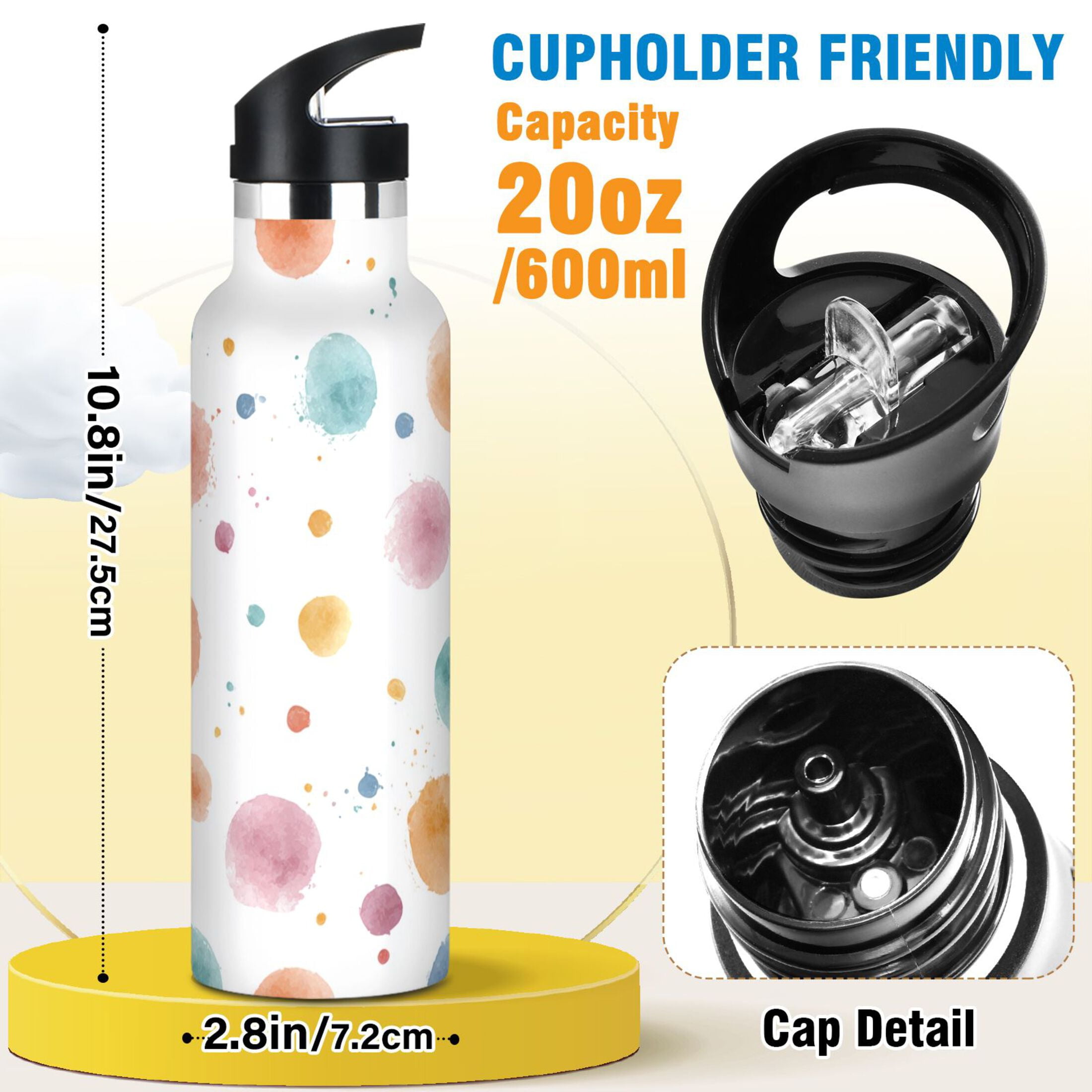 Kids Insulated Stainless Steel Sports Water Bottle 600ml (20oz) Small Watercolor Splashes and Dots