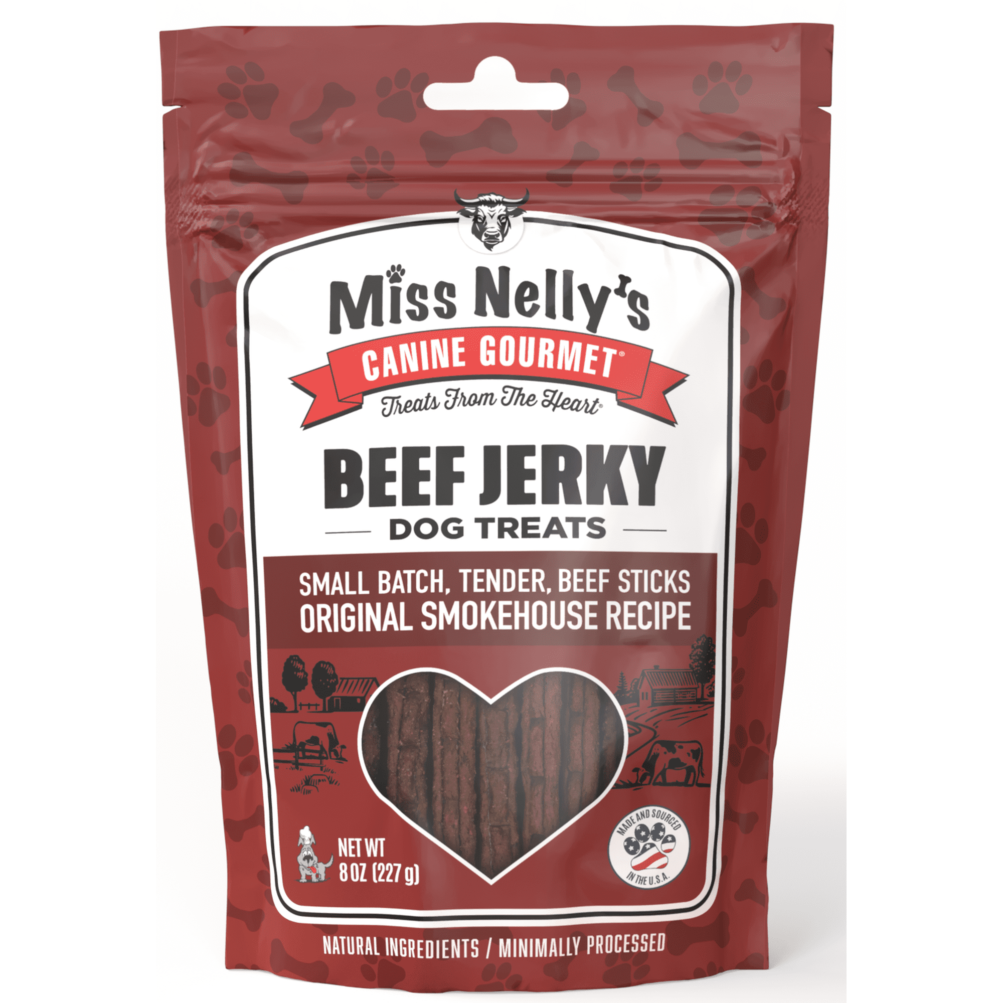 Miss Nelly's Canine Gourmet - Beef Dog Jerky Treats - USA Made and Sourced - Original Smoke House Recipe - Small Batch - Clean Natural Ingredients - Minimally Processed - 8 ounce Bag