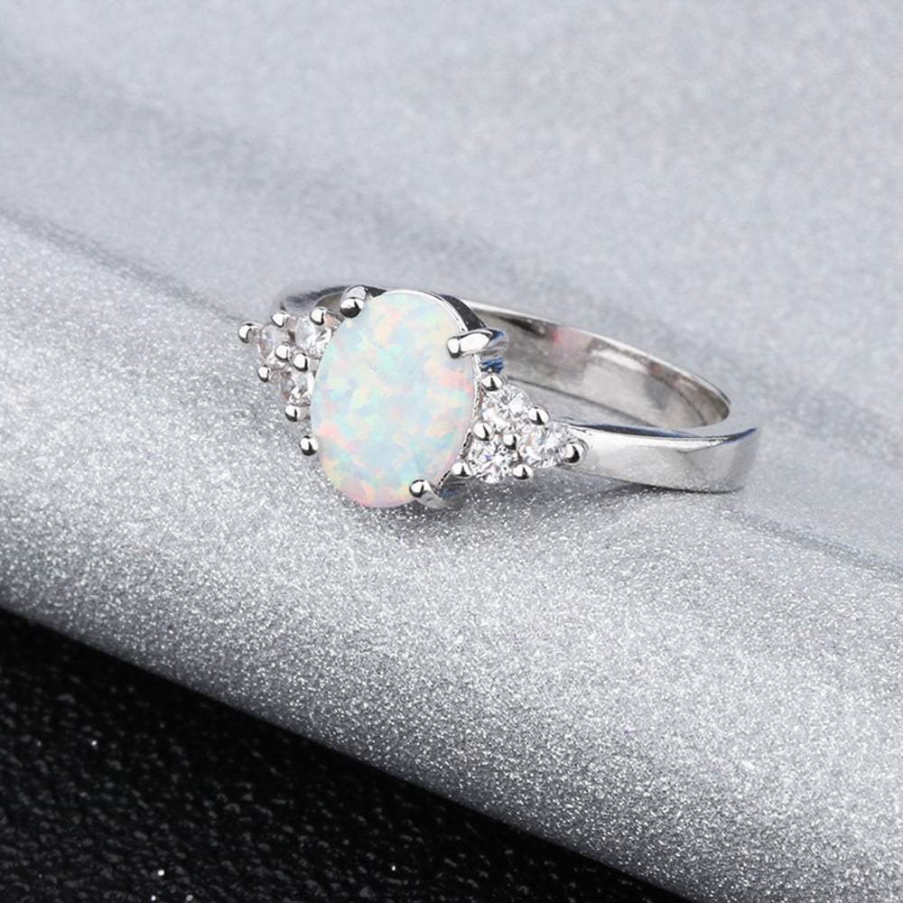 Bague En Platine Pt900 Avec Opale Naturelle Et Diamant - Taille US 5.75 - Occasion Excellent état - Bijou Authentique