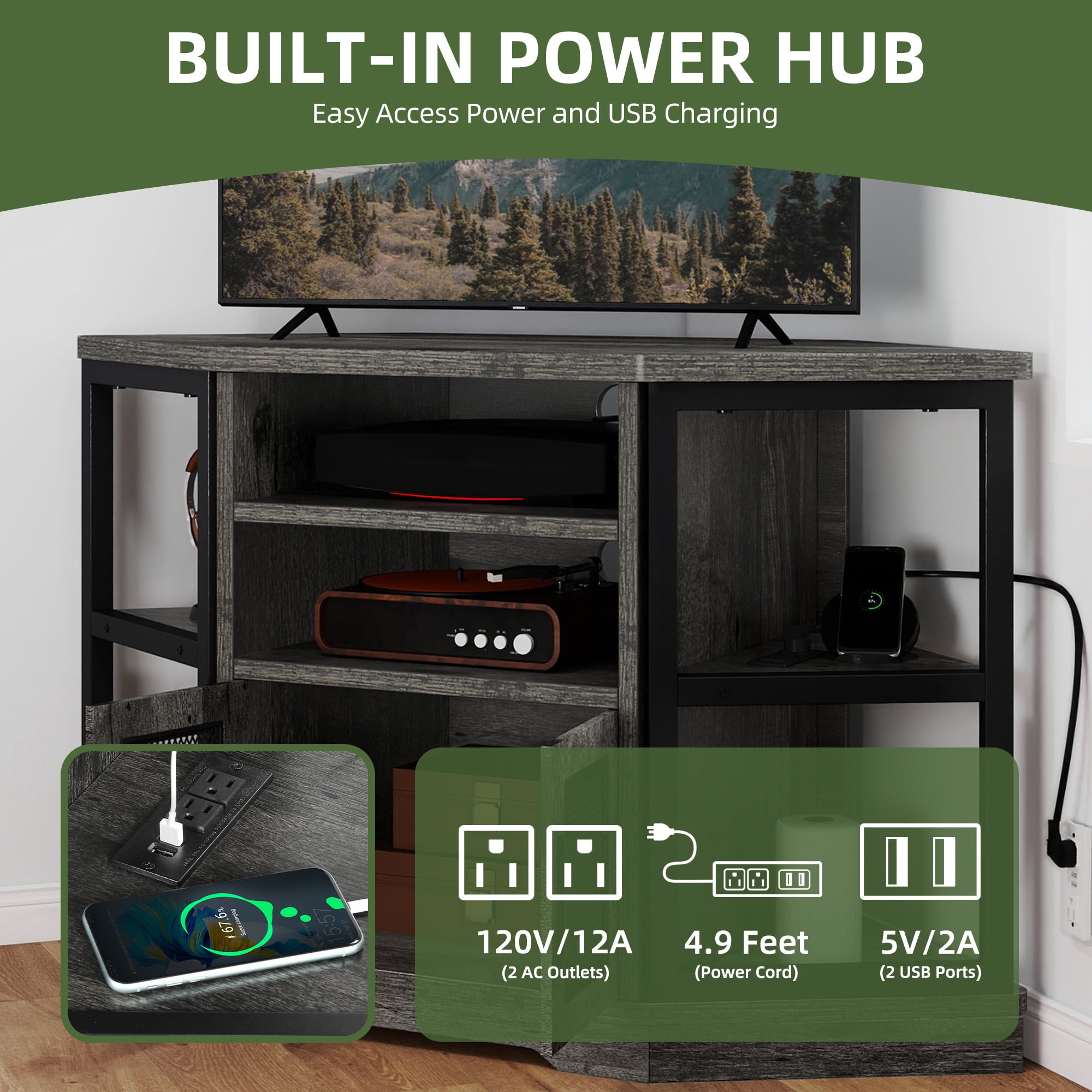 Uforic Modern Corner TV Stand with Adjustable Layer Board, Double Door Mesh Cabinet & 96-Hole Metal Handle, with 2 Outlets 2 USB Ports Power Socket, Gray