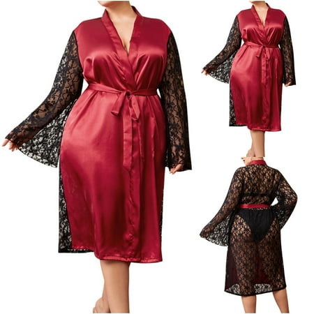 

SELONE Pajamas for Women Plus Size Lingerie Plus Size Lace Robe Casual Loose Fit Imitation Pajamas Female Summer New Kimono Pajamas Nightgown for Valentines Anniversary Wedding Honeymoon Wine XXXXXL