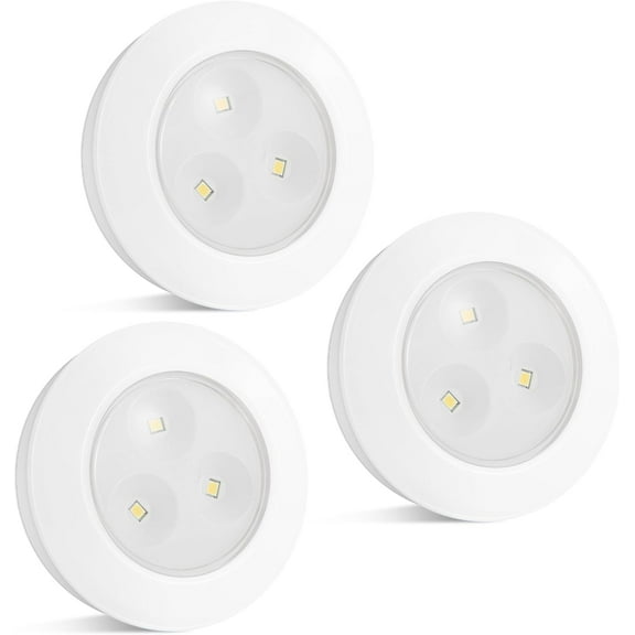 LED Puck Lights, Battery Operated（Battery not Included） Tap Light, Stick on Lights, Under Cabinet Lighting, Ideal for Kitchen Cabinets, Closets, Shelf Lights，Garage and More, 3-Pack, White