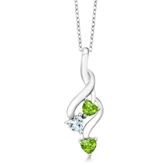 Gem Stone King 925 Sterling Silver Green Peridot and Sky Blue Aquamarine Pendant Necklace for Women (0.84 Cttw, Gemstone August Birthstone, Heart Shape 4MM, with 18 inch Silver Chain)