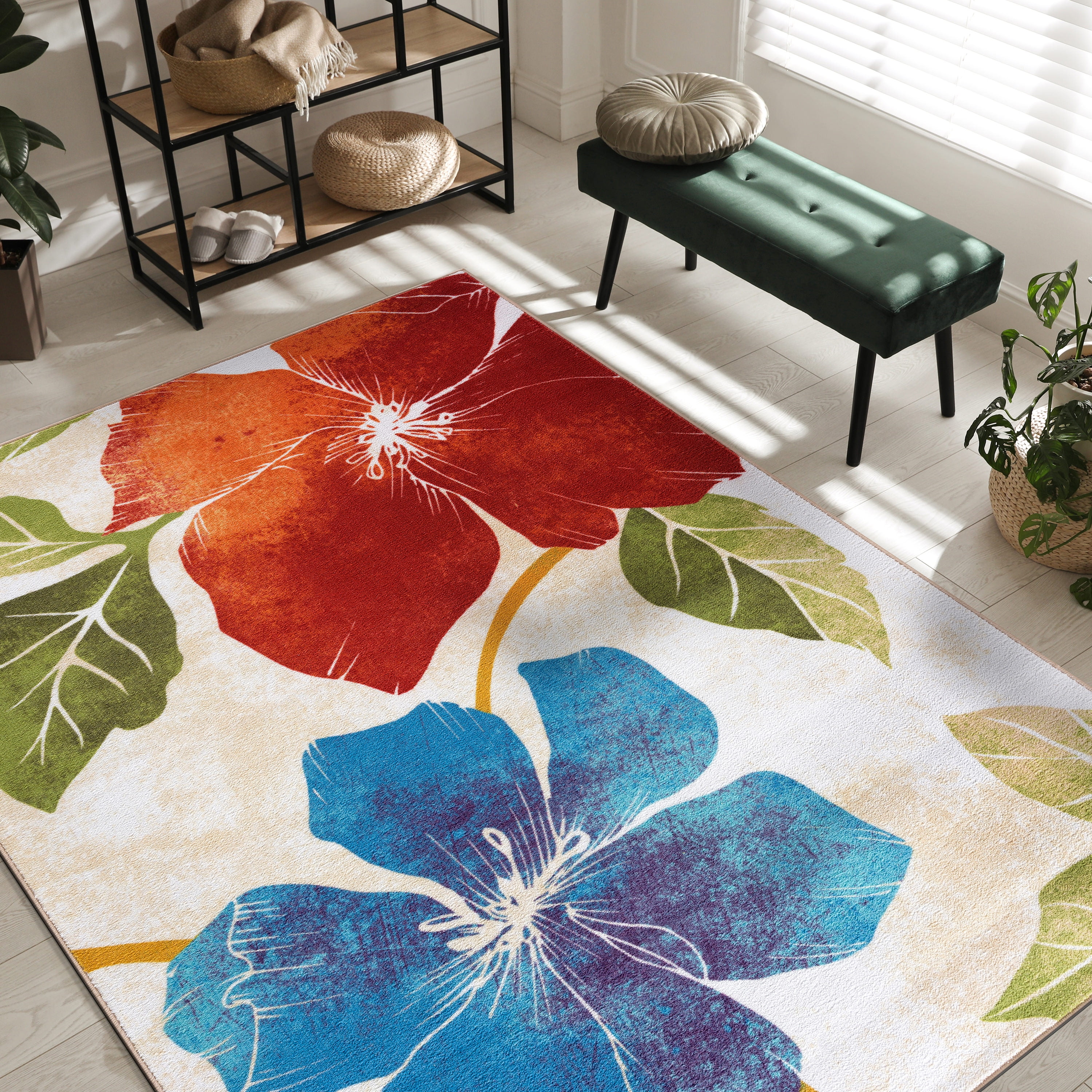 Multi Colored Floral Printed Rug Cotton Modern Indoor Rug Non-Slip Backing  Easy Care Washable Area Carpet for Bedroom - Clearhalo