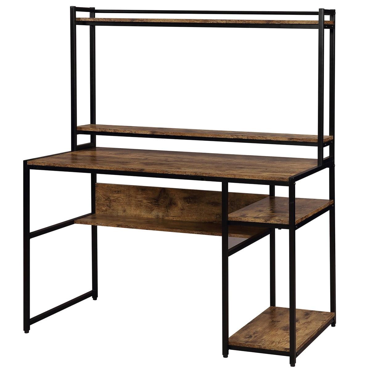 Home Office Computer Desk with 2-Tier Bookshelf and Storage Shelf, Removable Monitor Riser