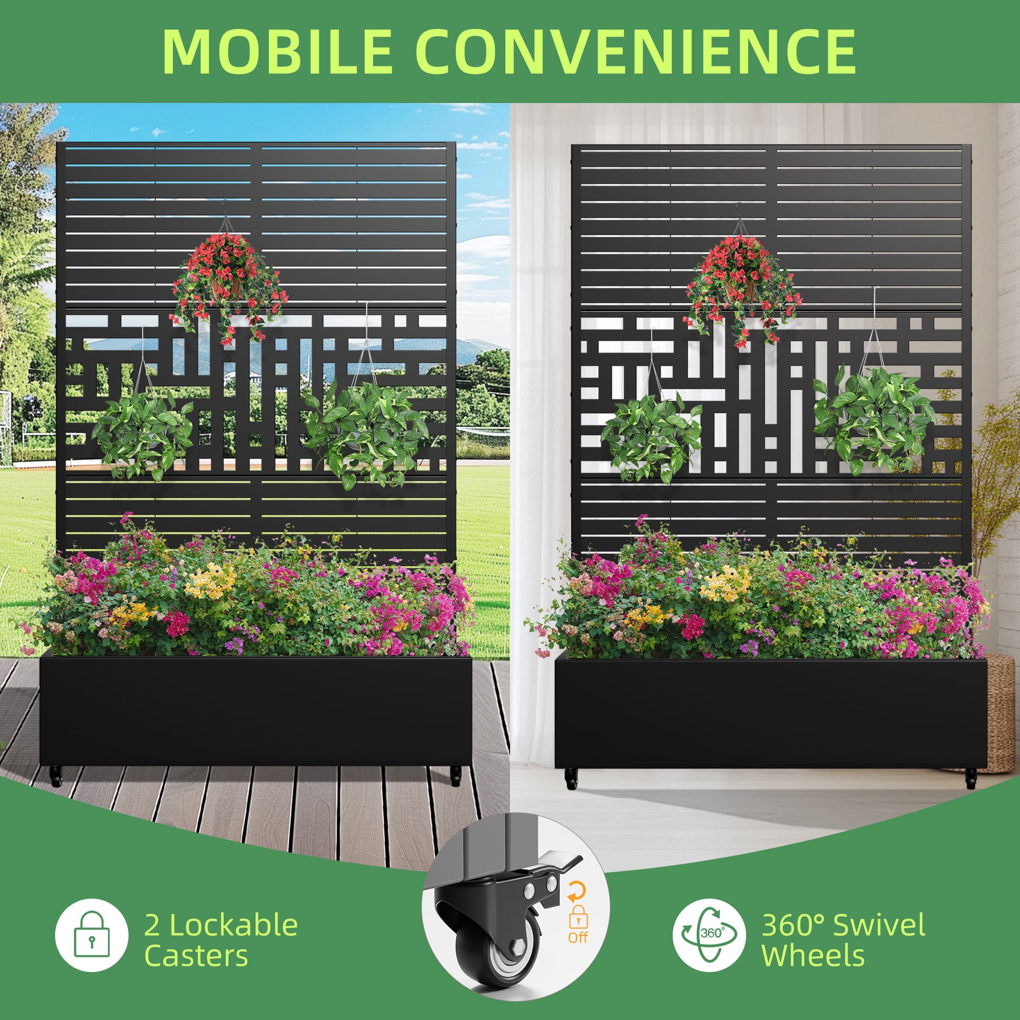 MAYEERTY 47*16*72" Outdoor Black Metal Planter Box with Trellis for Climbing Plants, Parallel & Street Pattern