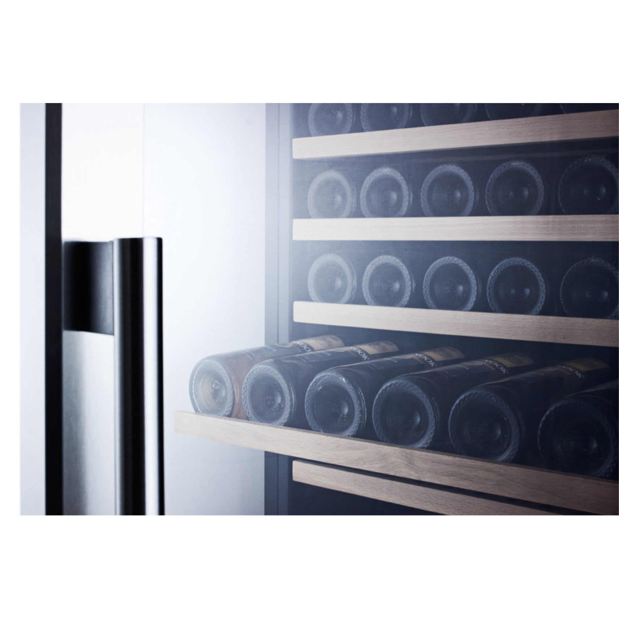 2-zone 160 bottle wine cellar with glass door, digital thermostat, and stainless steel wrapped cabinet