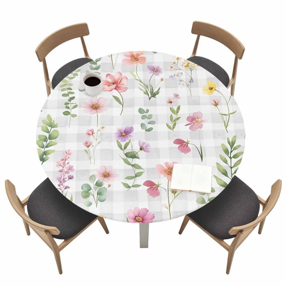 Pink Spring Floral Fitted Tablecloth with Elastic Edged, Round Table Cloth for Dining Table, Flowers Botanical Elegant Grey Checkered Waterproof Oil Proof Table Cover for Indoor Outdoor 45"-54"