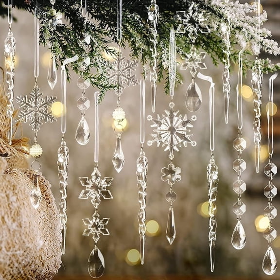 32 PCS Crystal Christmas Tree Ornaments, Acrylic Snowflake Icicle Drop Pendants for Xmas Tree Winter Holiday Decor, Clear Hanging Decorations for Home Party