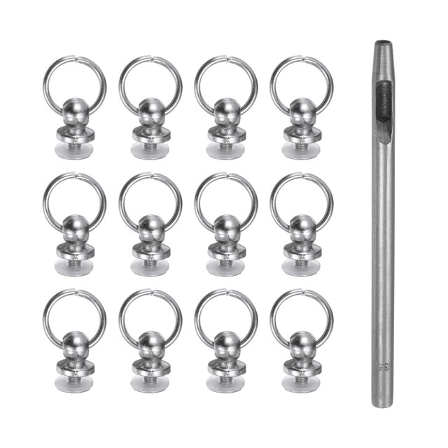 Uxcell 12pcs Metal Studs Rivets 8mm D-Ring Button Rivets with 3.5mm Leather Hole Punch for Leather, Silver Tone