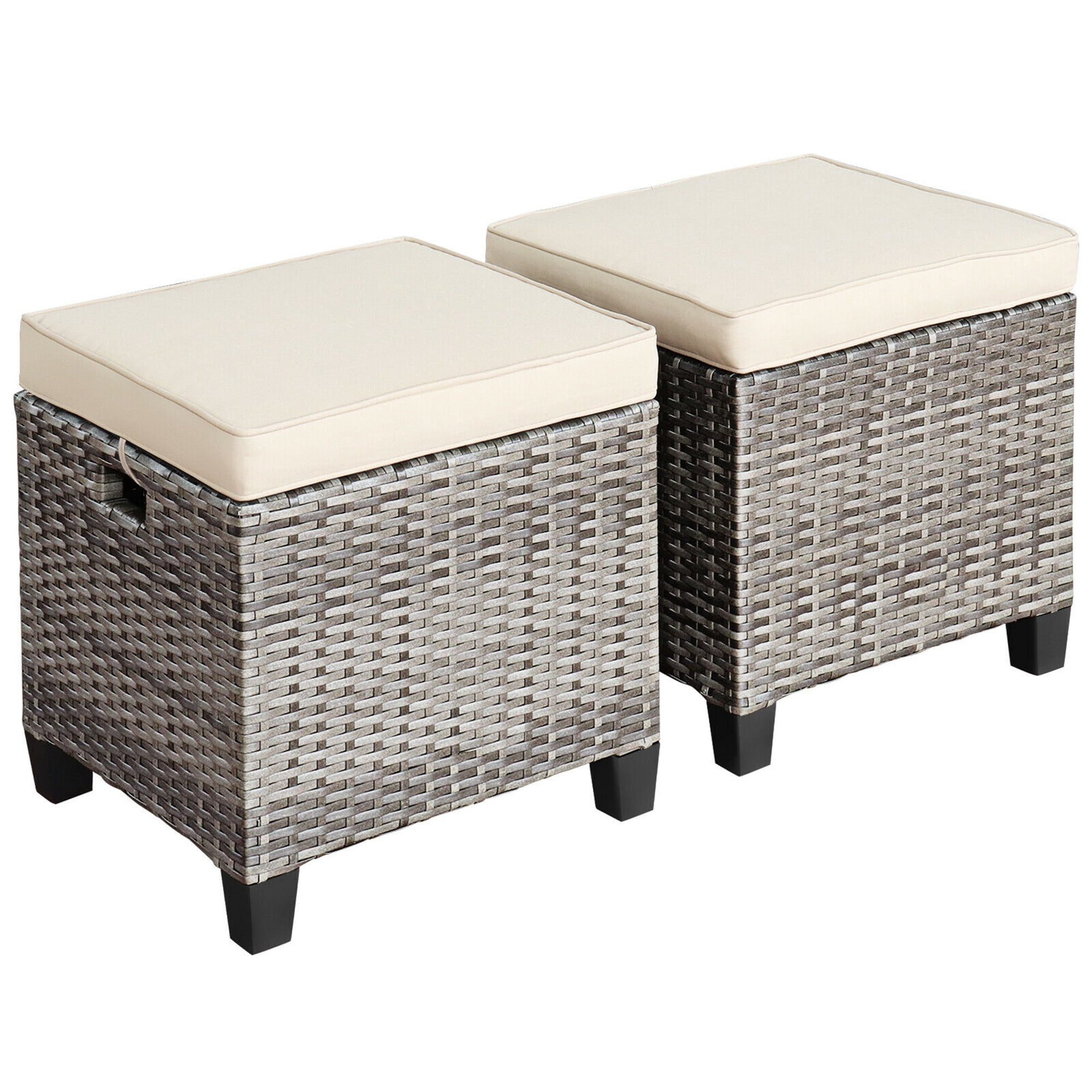 Gymax Set of 2 Rattan Patio Ottoman Footrest Wicker Footstool with Beige Cushions